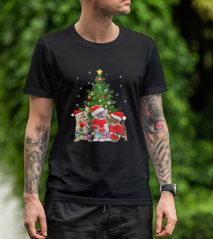 Meowy Cat Christmas Tree Funny Cat Christmas With Santa Hats And Lights T-Shirt