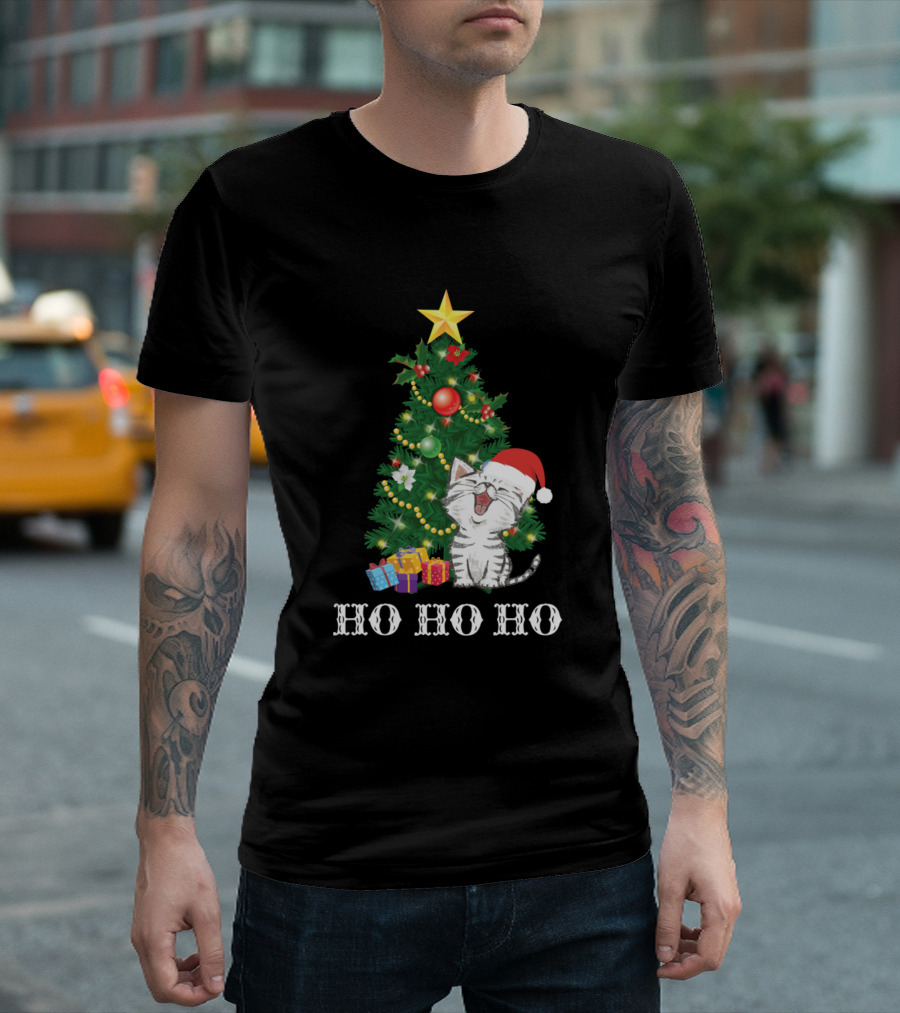 Ho Ho Ho Cute Cat Christmas Tree Holiday T-Shirt