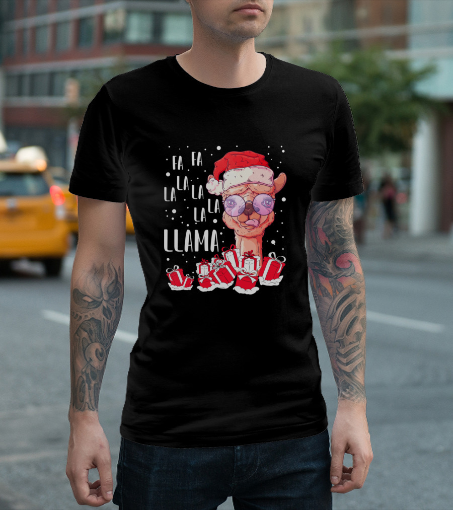 Fa La La Llama Christmas In Santa Hat With Gifts T-Shirt