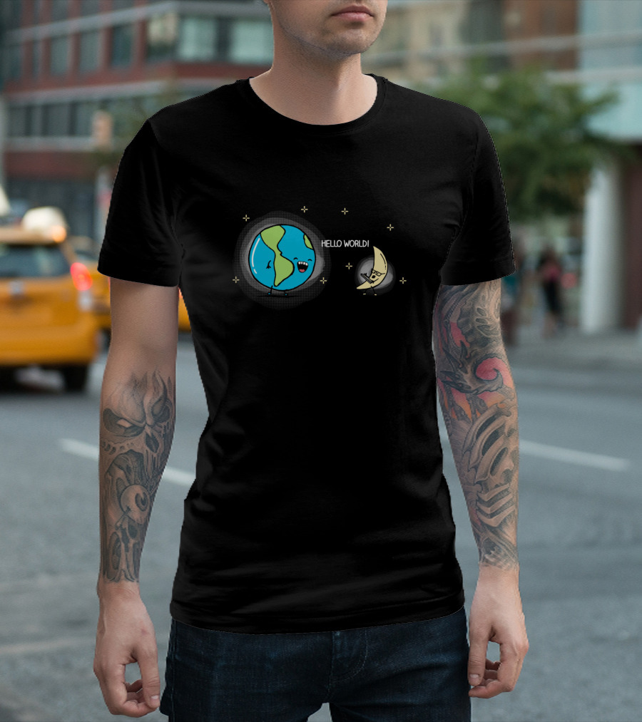 Hello World Earth and Moon Greeting Chat with Smiling Cartoon Characters T-Shirt