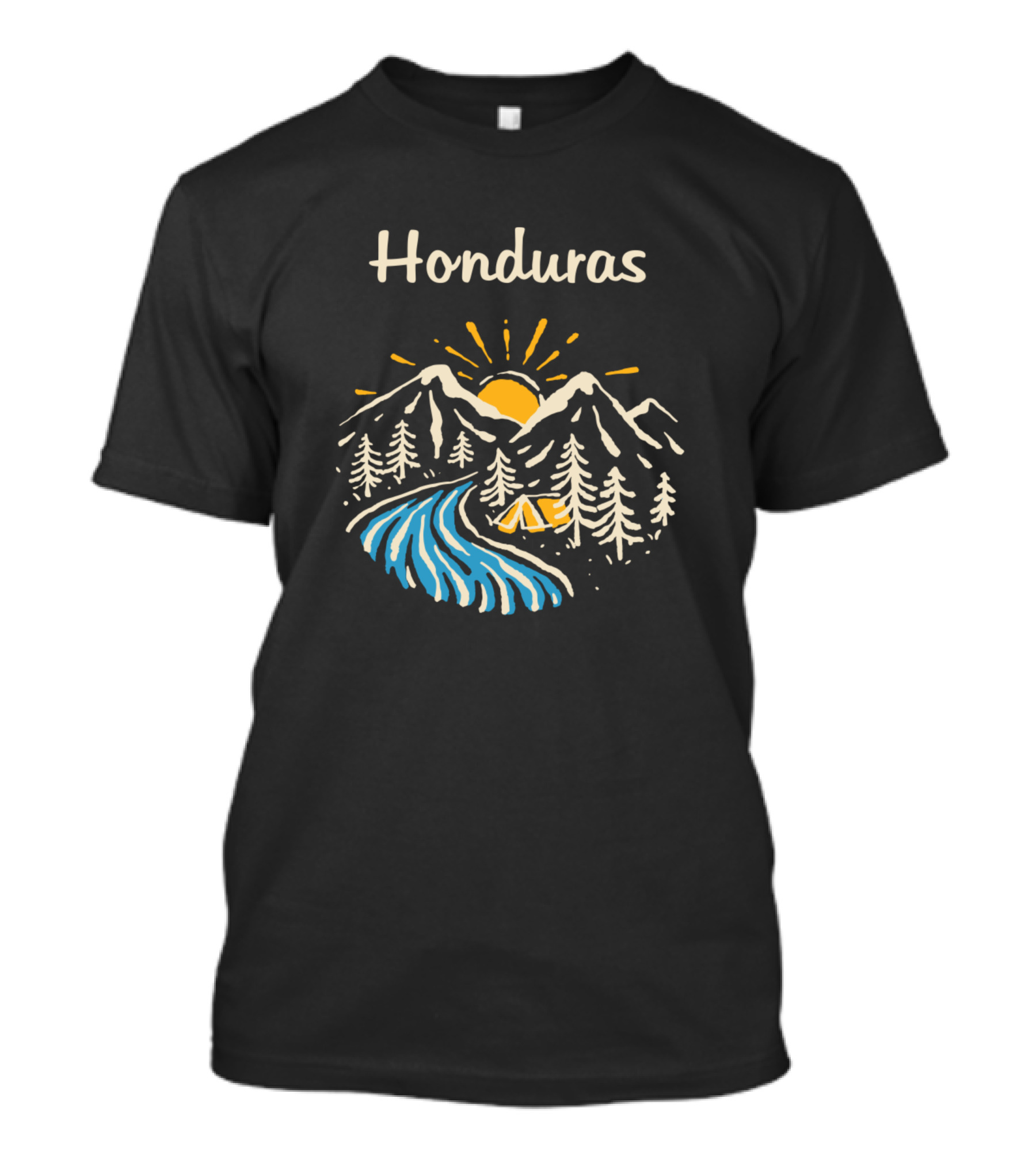 Honduras Mountain Sunrise With River And Tent Scene T-Shirt