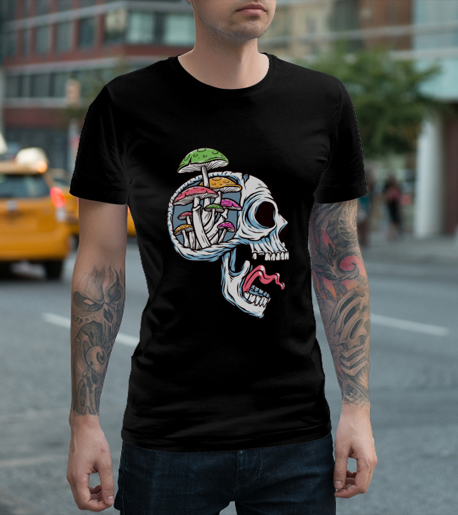 Mushroomhead Skull with Vibrant Psychedelic Mushrooms in Skull Cavity T-Shirt