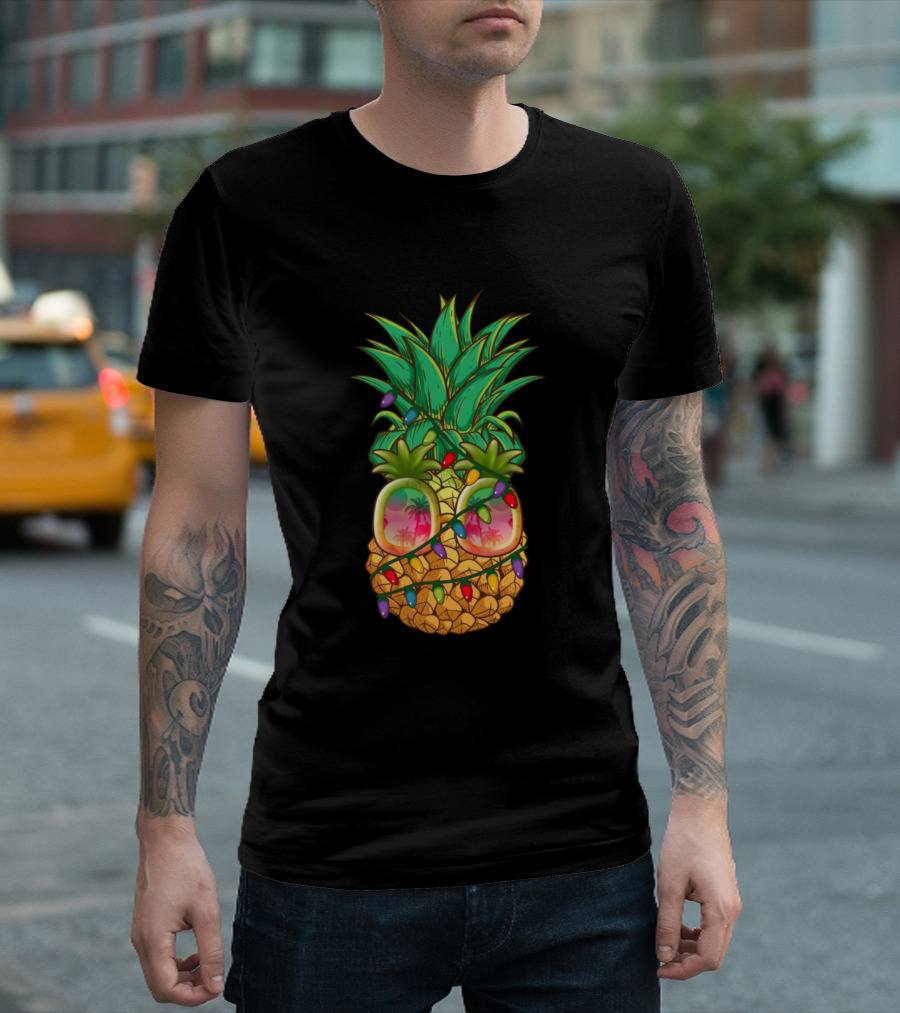 Pineapple Christmas Tree Lights Xmas Sunglasses Tropical Holiday T-Shirt