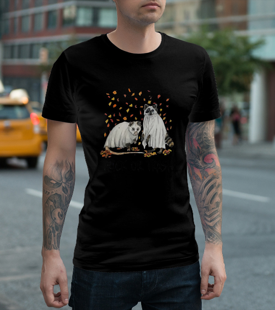 Raccoon Opossum Ghosts Trick Or Trash Halloween Leaves T-Shirt