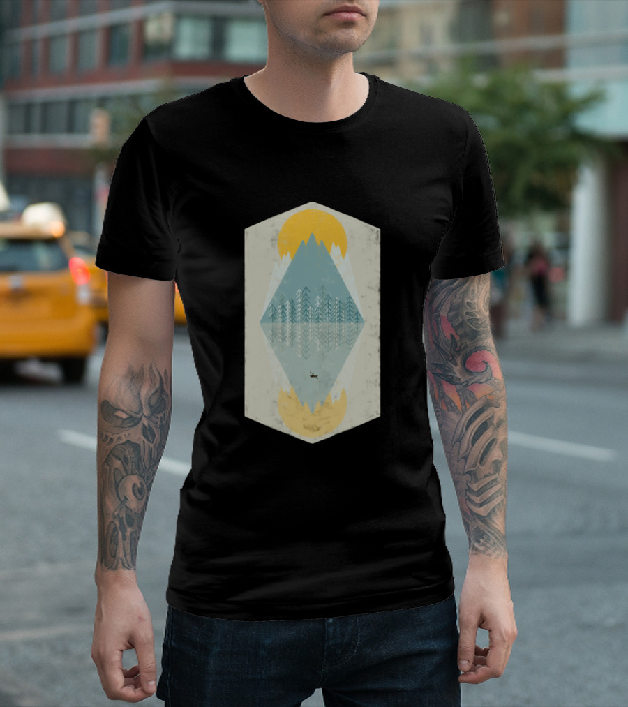 Sillience Lake Mountain Reflection Sun and Canoe T-Shirt