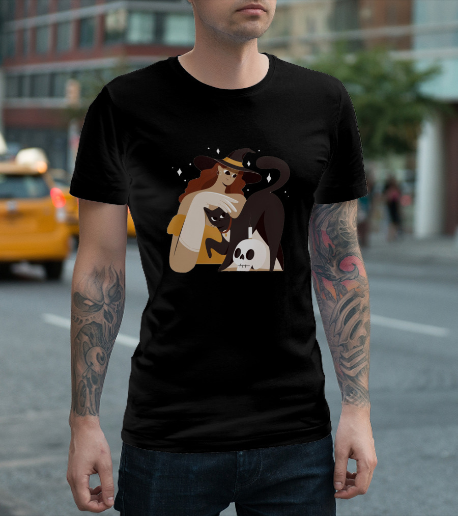 Smooth And Fun Witch with Black Cat and Skull T-Shirt