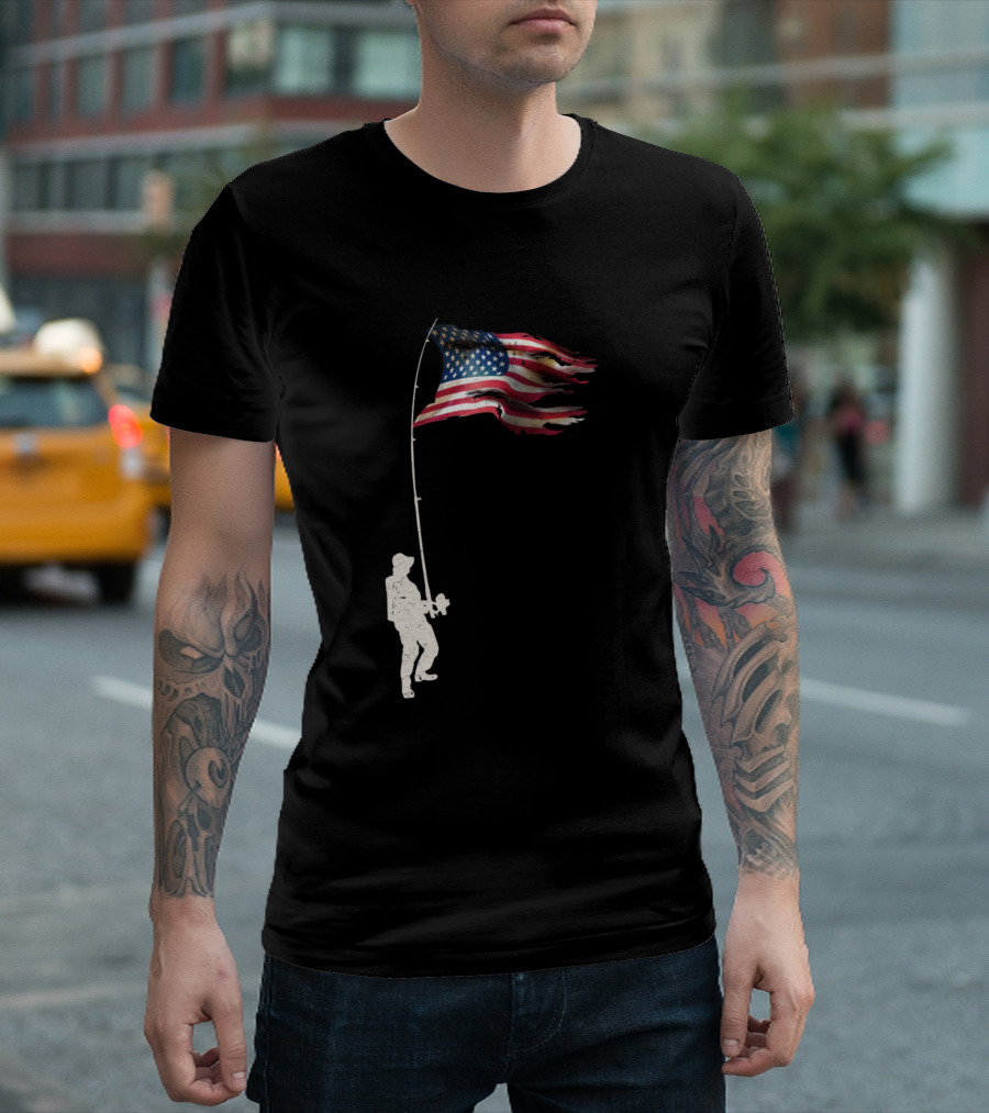 Vintage Fishing Rod American Flag Humor Fisherman's Pride T-Shirt