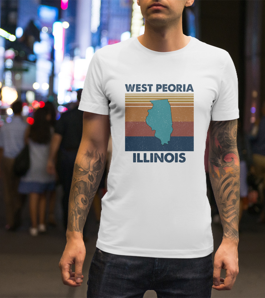 West Peoria Illinois Retro State Map Vintage Stripes T-Shirt