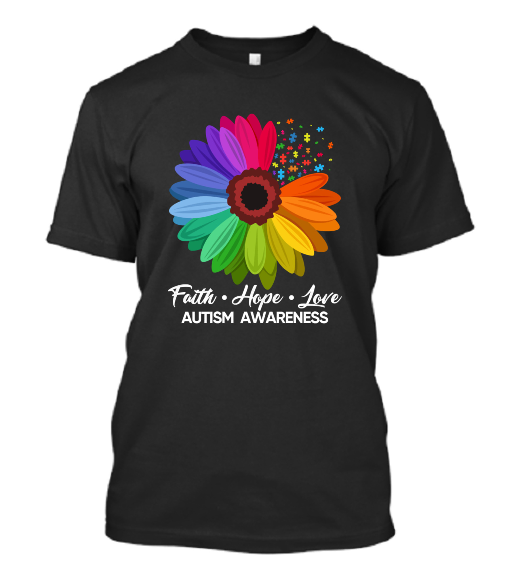 Faith Hope Love Autism Awareness Sunflower Puzzle Pieces T-Shirt