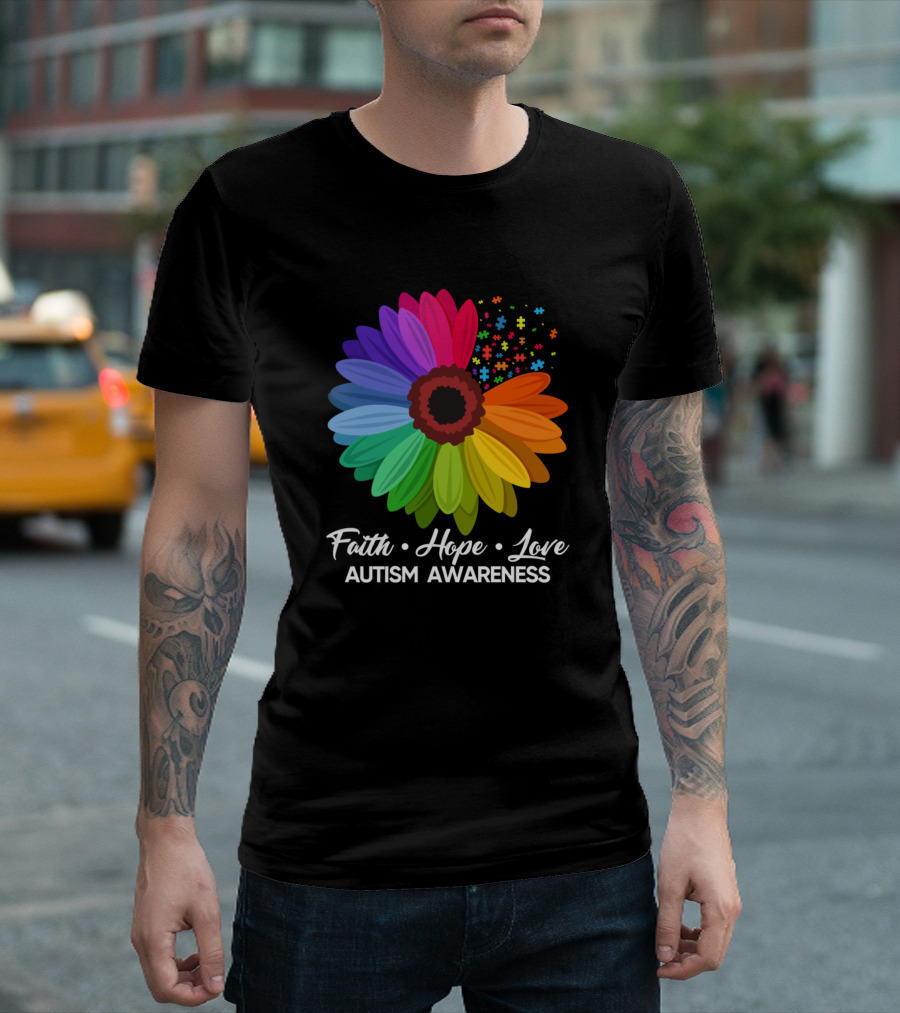 Faith Hope Love Autism Awareness Sunflower Puzzle Pieces T-Shirt