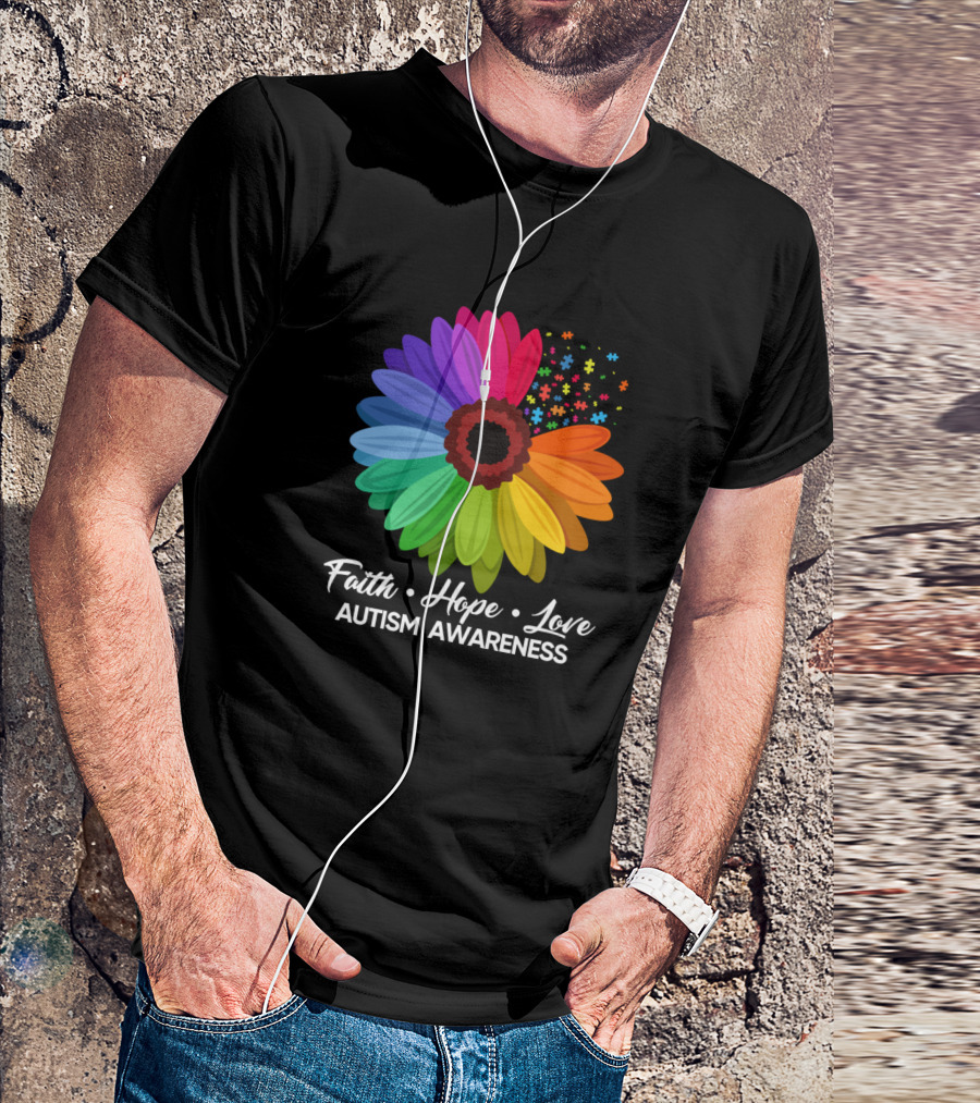 Faith Hope Love Autism Awareness Sunflower Puzzle Pieces T-Shirt