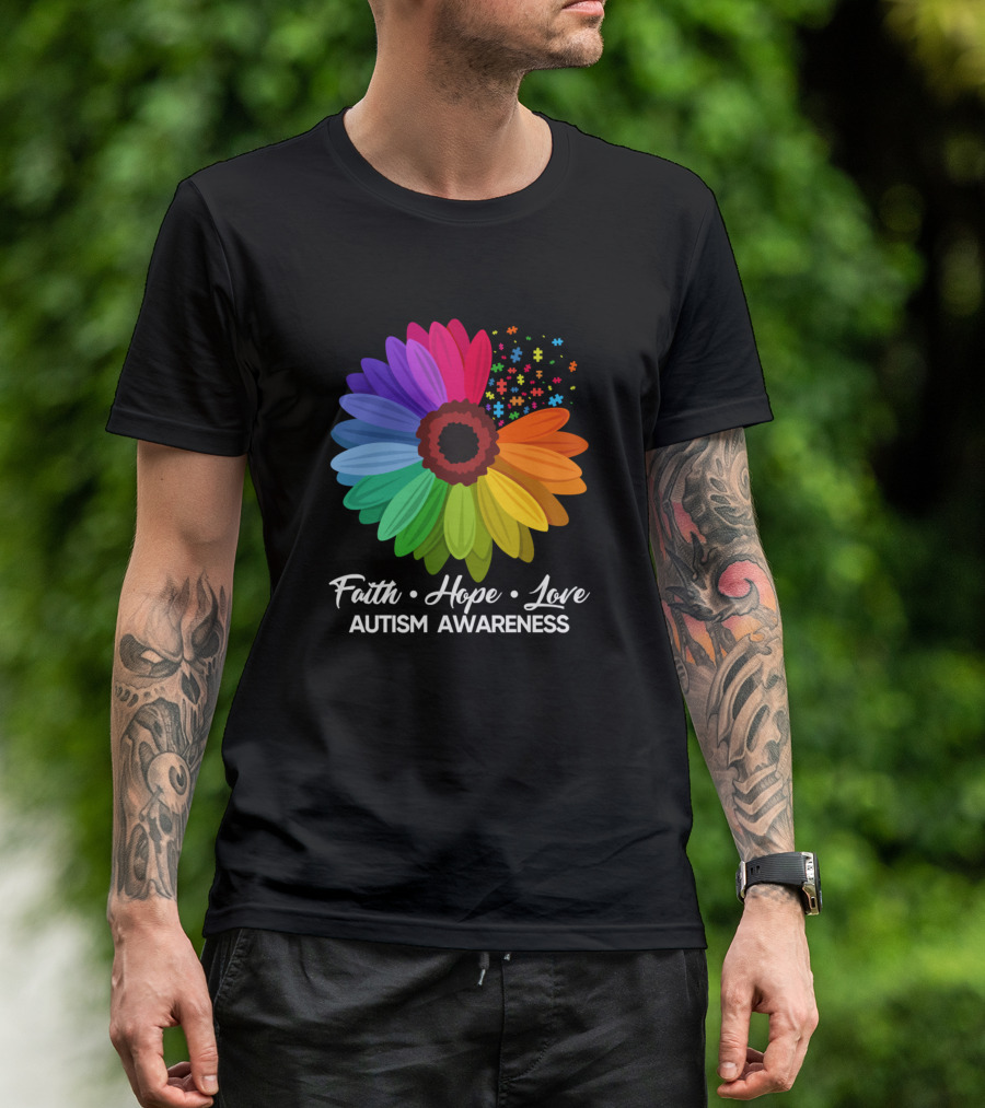 Faith Hope Love Autism Awareness Sunflower Puzzle Pieces T-Shirt