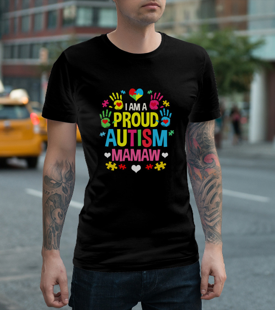 Proud Autism Mamaw Heart And Hands Puzzle Pieces T-Shirt