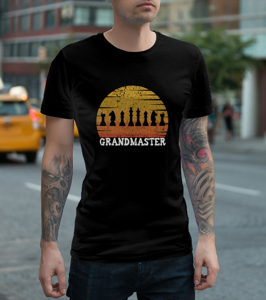 Chess Grandmaster Retro Sunset Chess Pieces T-Shirt