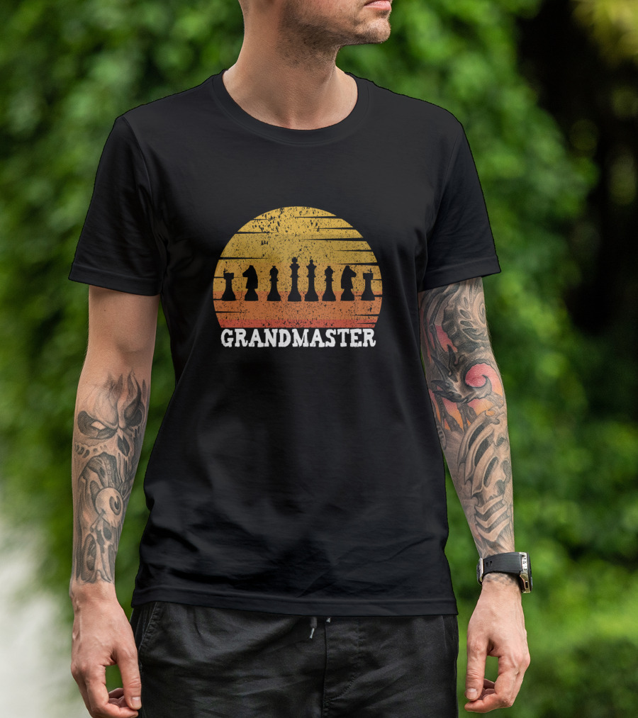 Chess Grandmaster Retro Sunset Chess Pieces T-Shirt