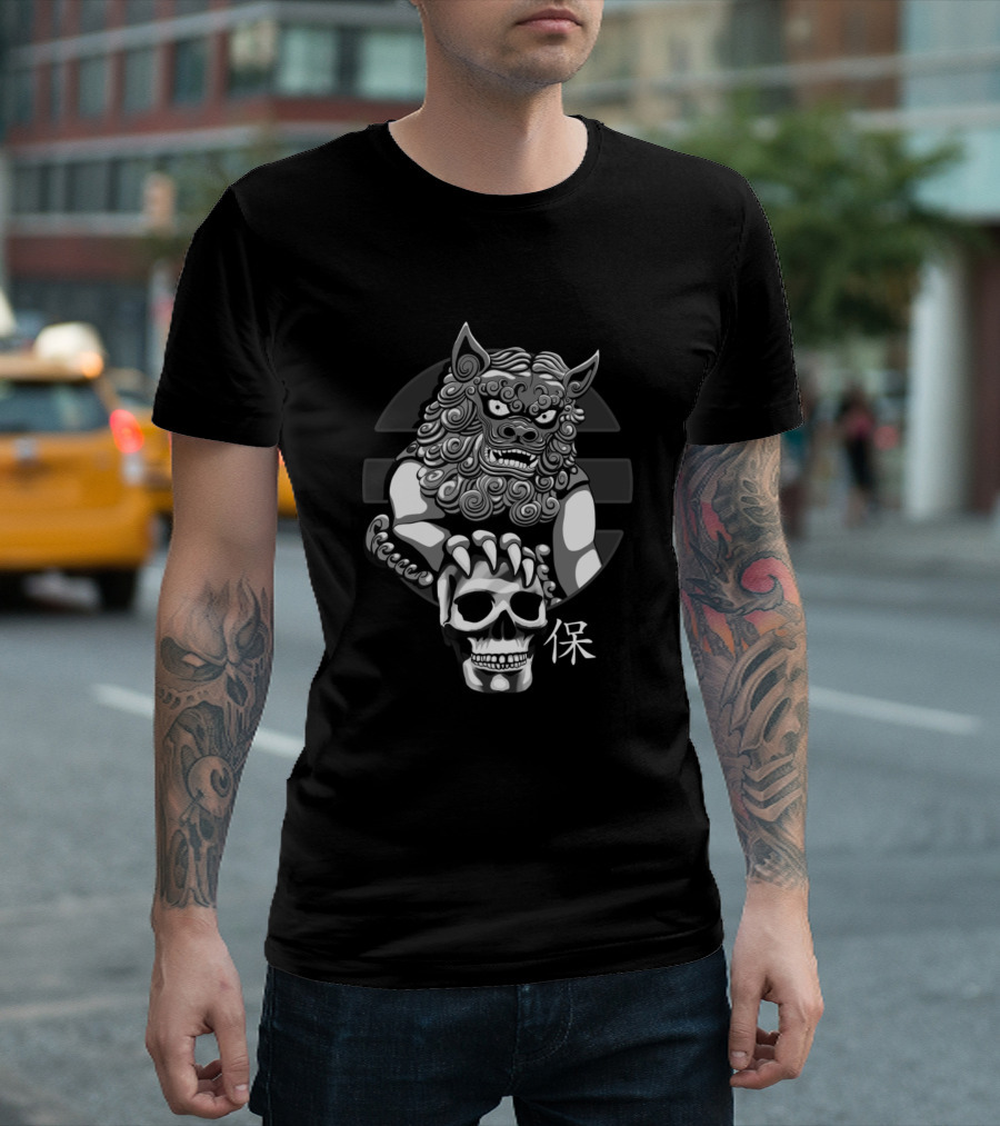 Chinese Mythical Lion Guardian with Skull T-Shirt