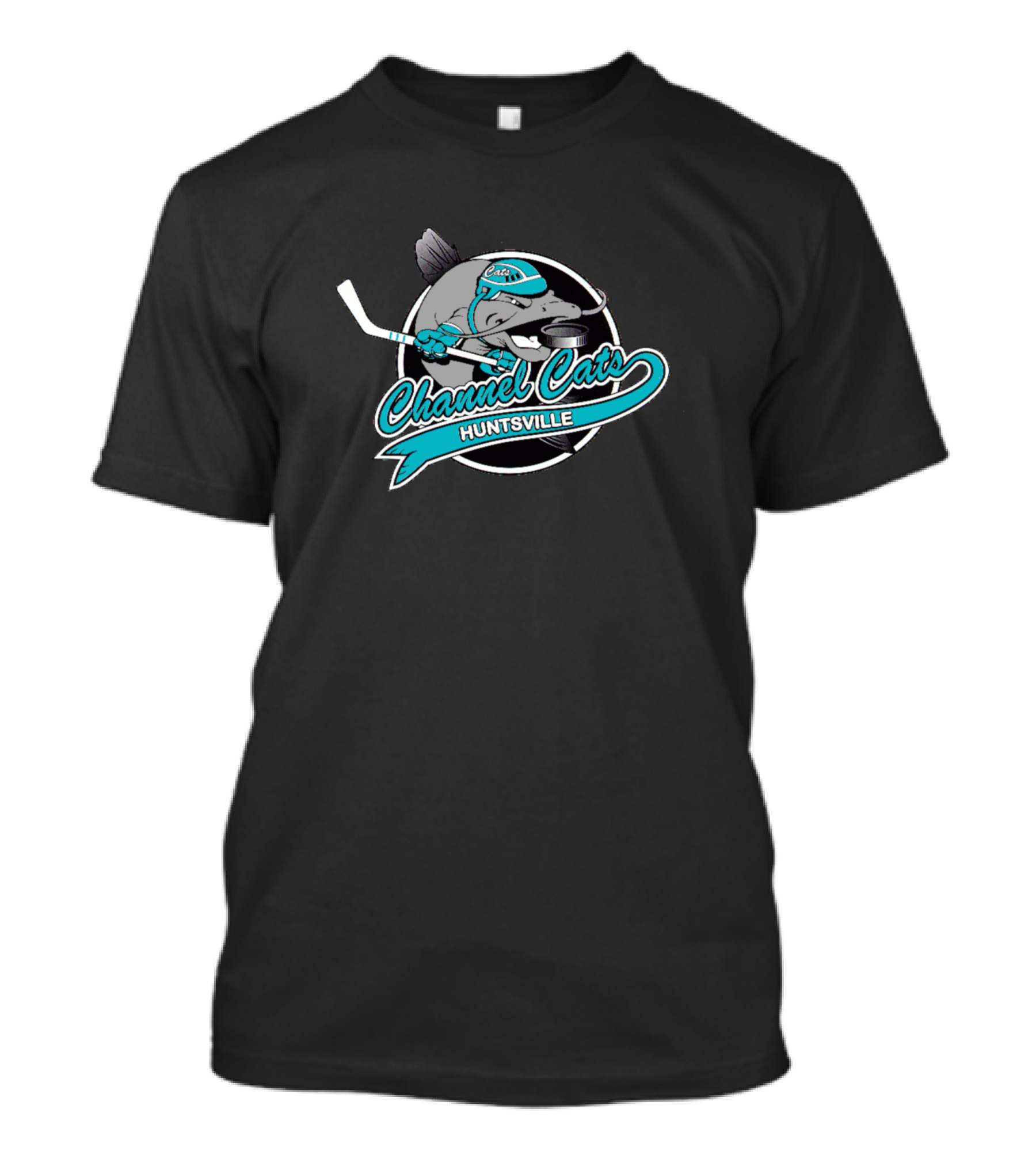 Huntsville Channel Cats Hockey Team Logo With Fish And Hockey Stick T-Shirt
