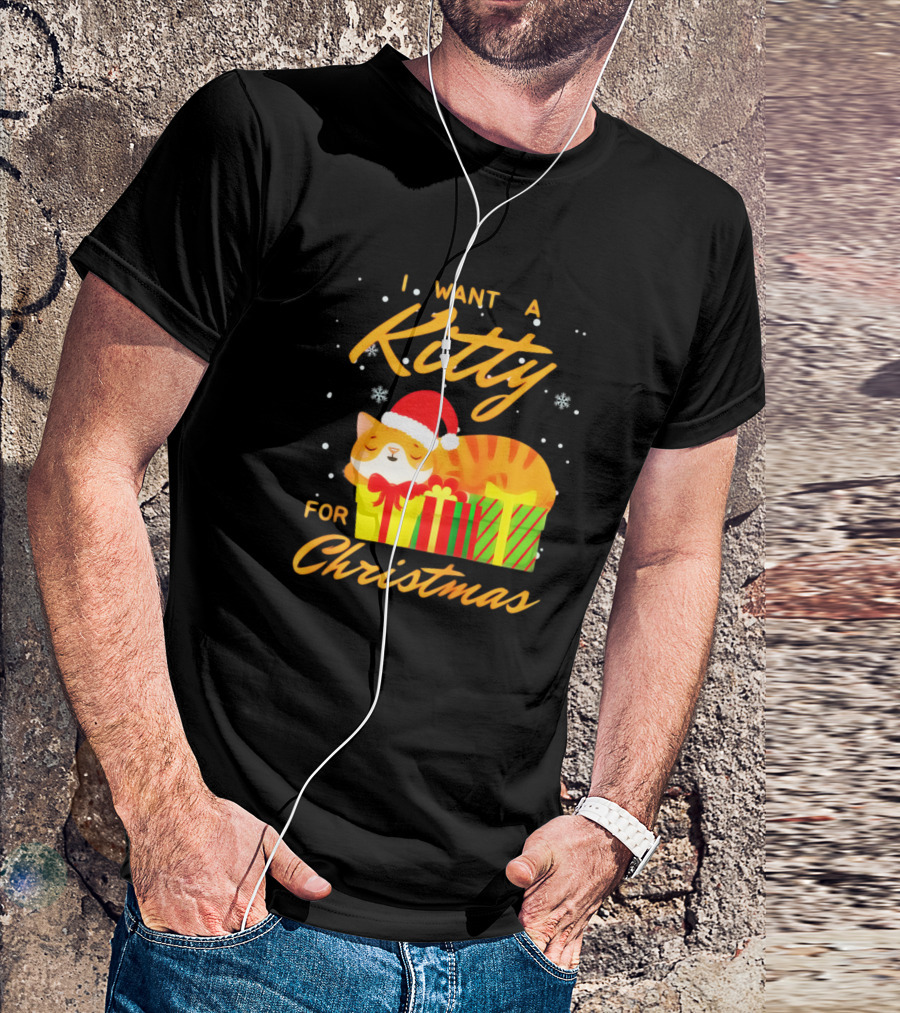 I Want A Kitty Cat For Christmas Funny Cute Kitty Santa Hat T-Shirt