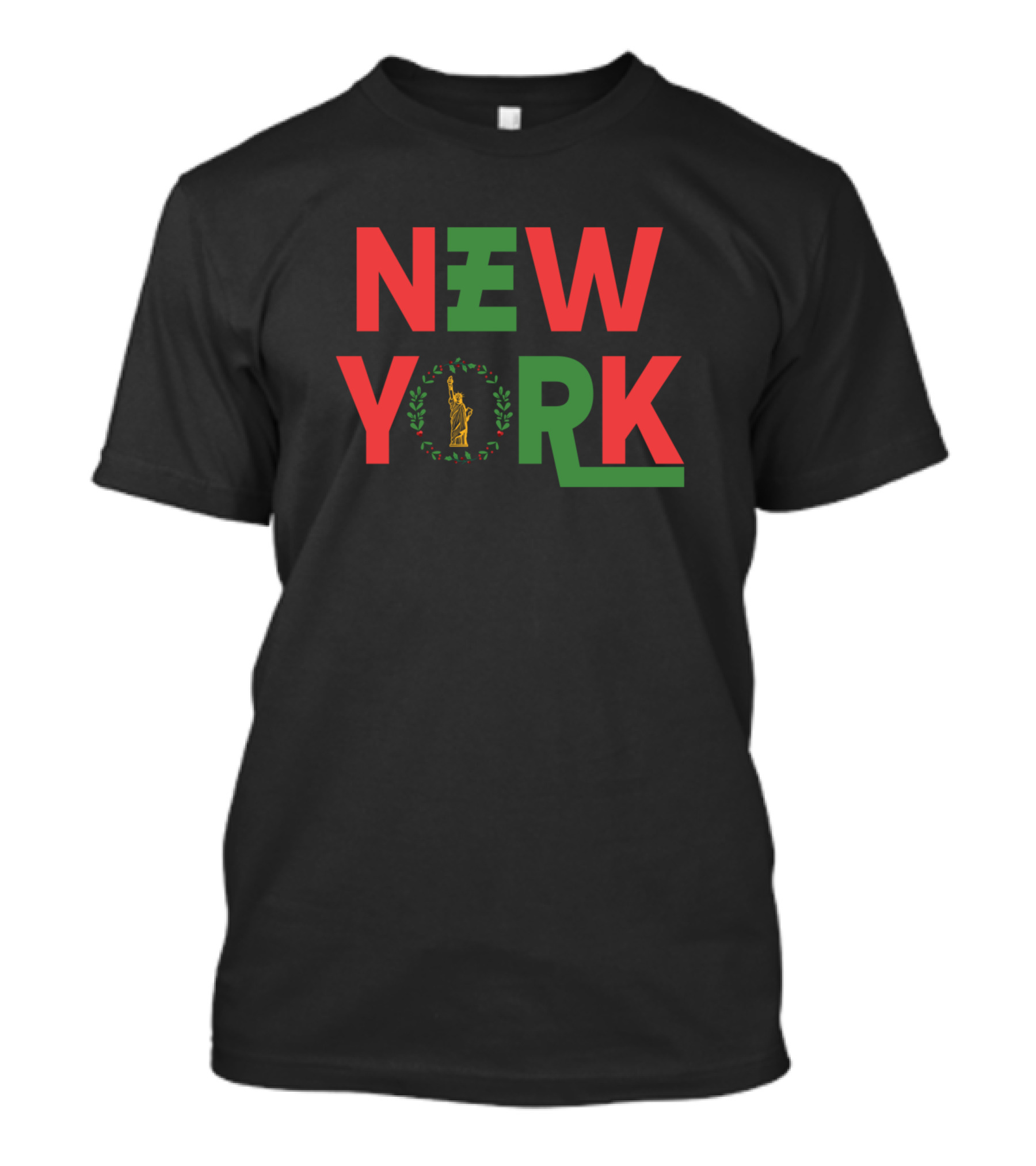 New York Christmas Statue Of Liberty Festive Green Red Holiday T-Shirt
