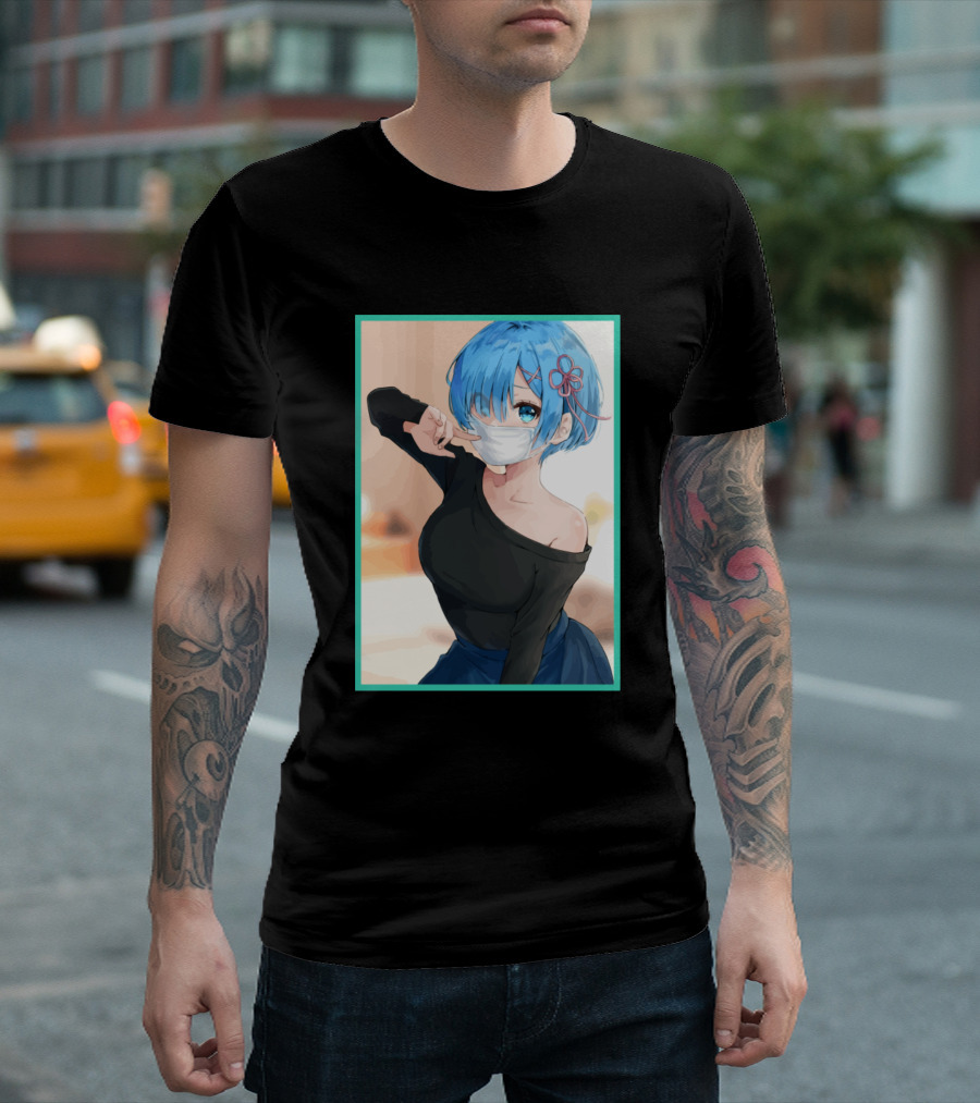 Rem Anime Character Blue Hair Mask Pose T-Shirt