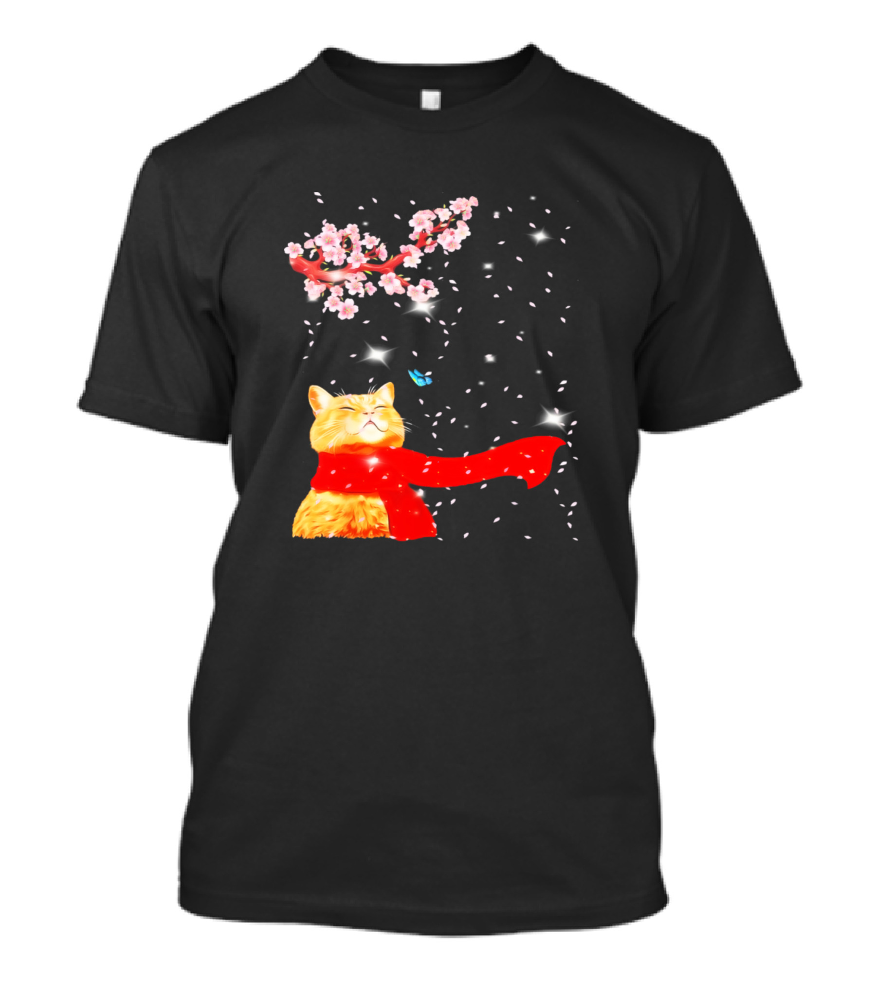 Sakura Blossoms And Cozy Christmas Cat With Red Scarf T-Shirt