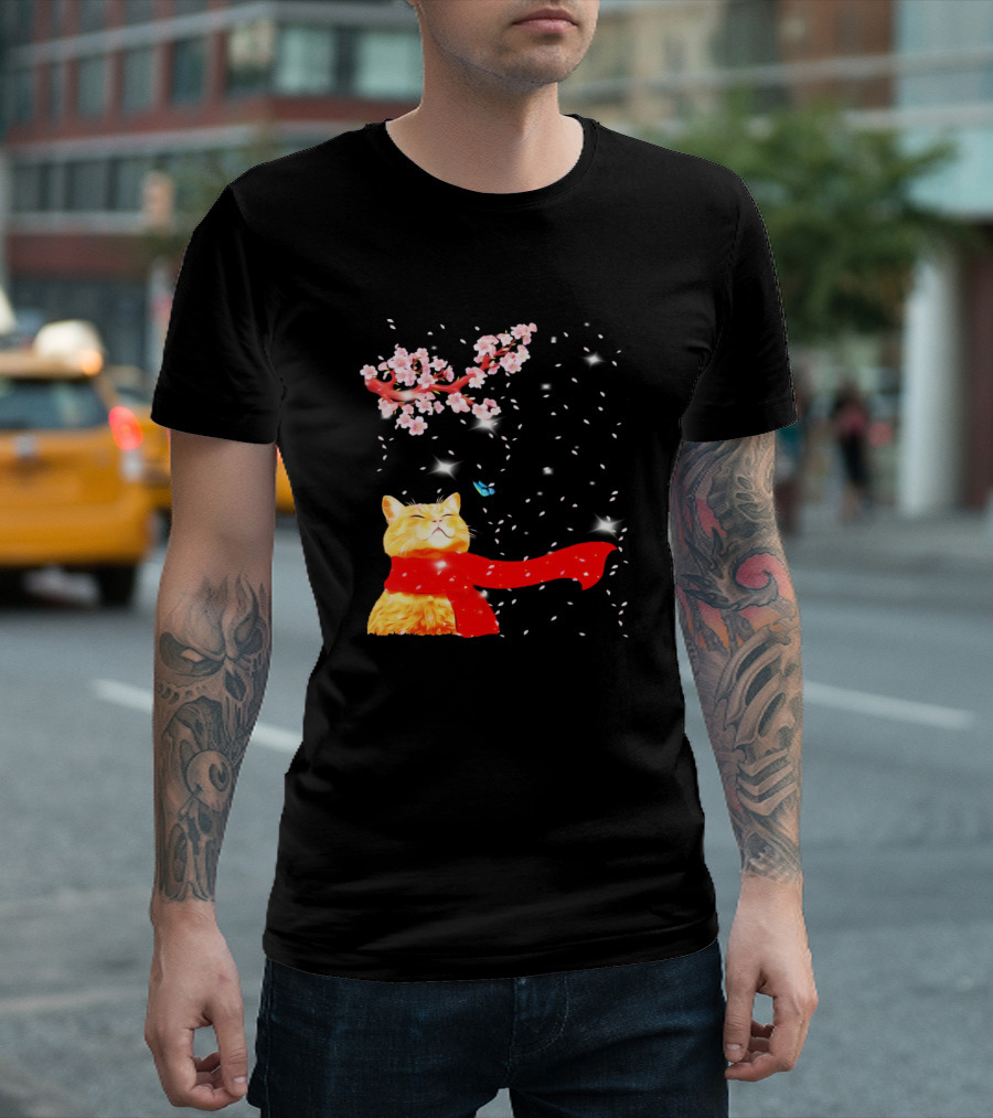 Sakura Blossoms And Cozy Christmas Cat With Red Scarf T-Shirt