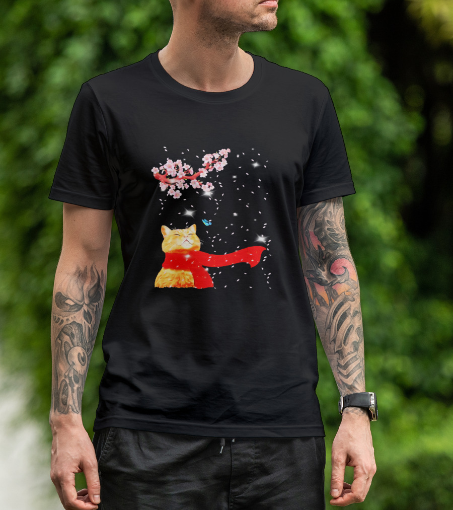 Sakura Blossoms And Cozy Christmas Cat With Red Scarf T-Shirt
