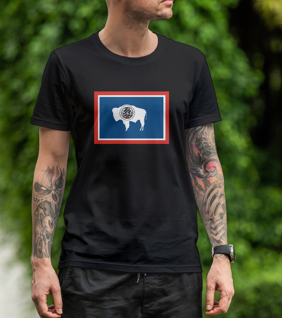 Wyoming State Flag Bison Icon Blue And Red Rectangle T-Shirt