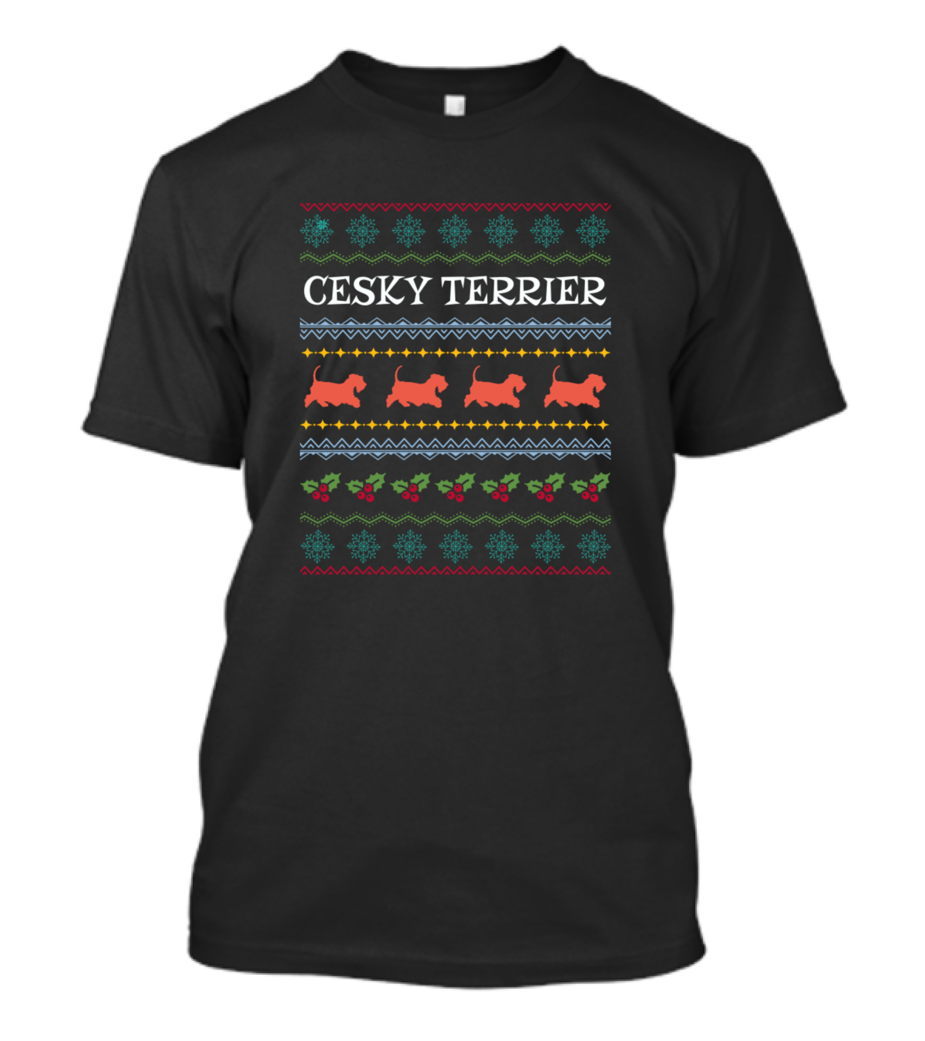 Ugly Christmas Sweater Cesky Terrier Snowflakes And Holly T-Shirt