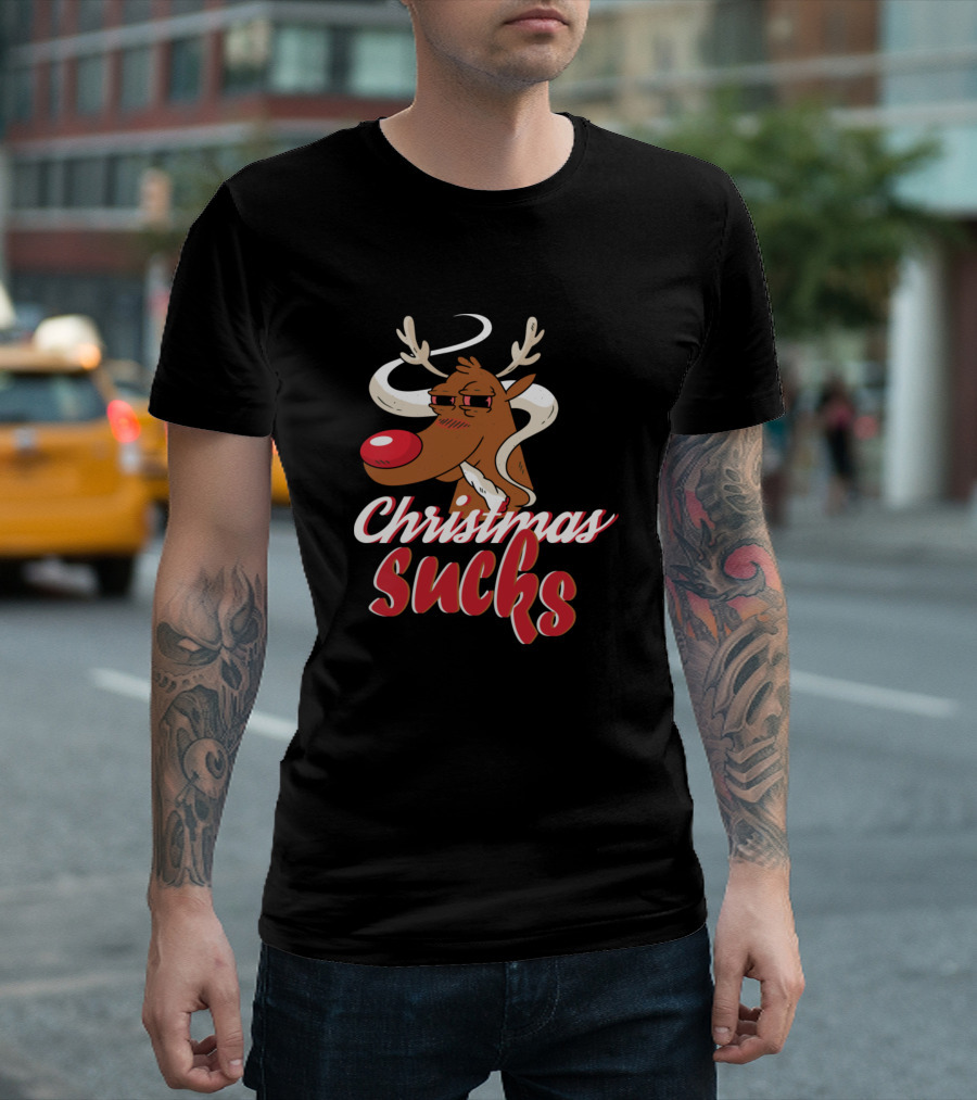 Christmas Sucks Reindeer with Antlers and Red Nose T-Shirt
