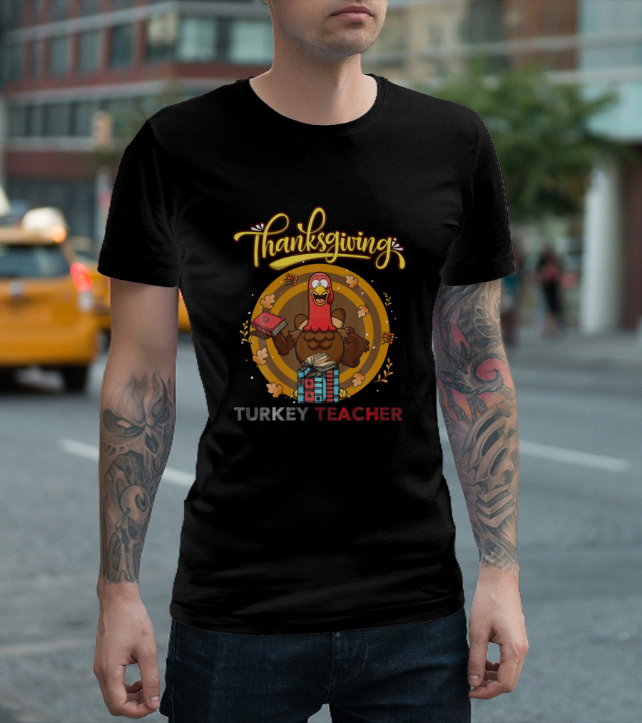 Thanksgiving Turkey Teacher with Books and Leaves T-Shirt