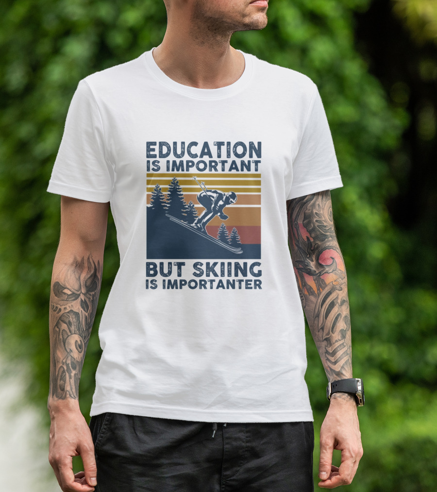 Education Is Important But Skiing Is Importanter Retro Ski Silhouette Sunset Forest T-Shirt