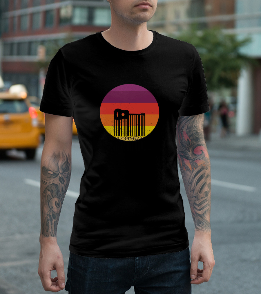 Gitarre Mit Barcode Sonnenuntergang Farben Gitarrendesign 0123456789 T-Shirt