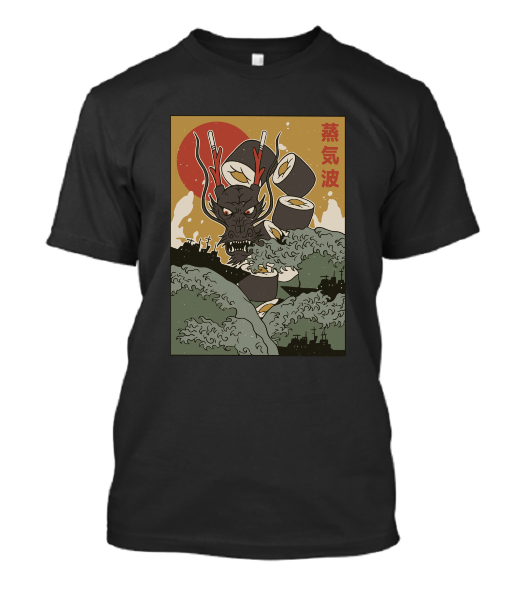 Great Sushi Dragon Rising With Sushi Rolls And Waves Under Red Sunset With Japanese Script T-Shirt