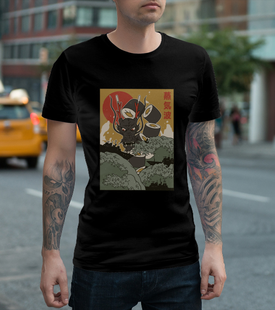 Great Sushi Dragon Rising With Sushi Rolls And Waves Under Red Sunset With Japanese Script T-Shirt