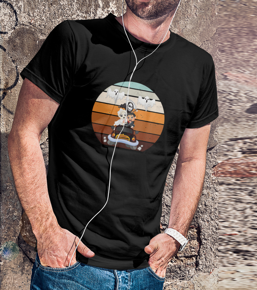 Bride And Groom Halloween Car With Ghosts And Skeleton Bridegroom In Vintage Stripes T-Shirt