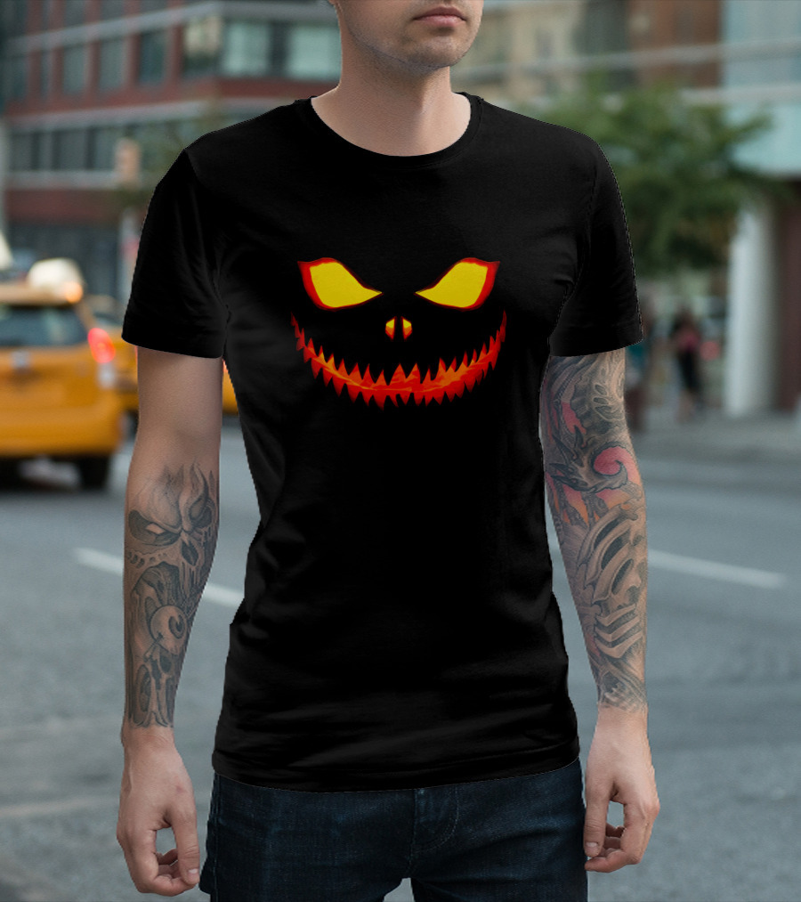 Halloween Pumpkin Scary Face Glowing Eyes And Fiery Grin T-Shirt