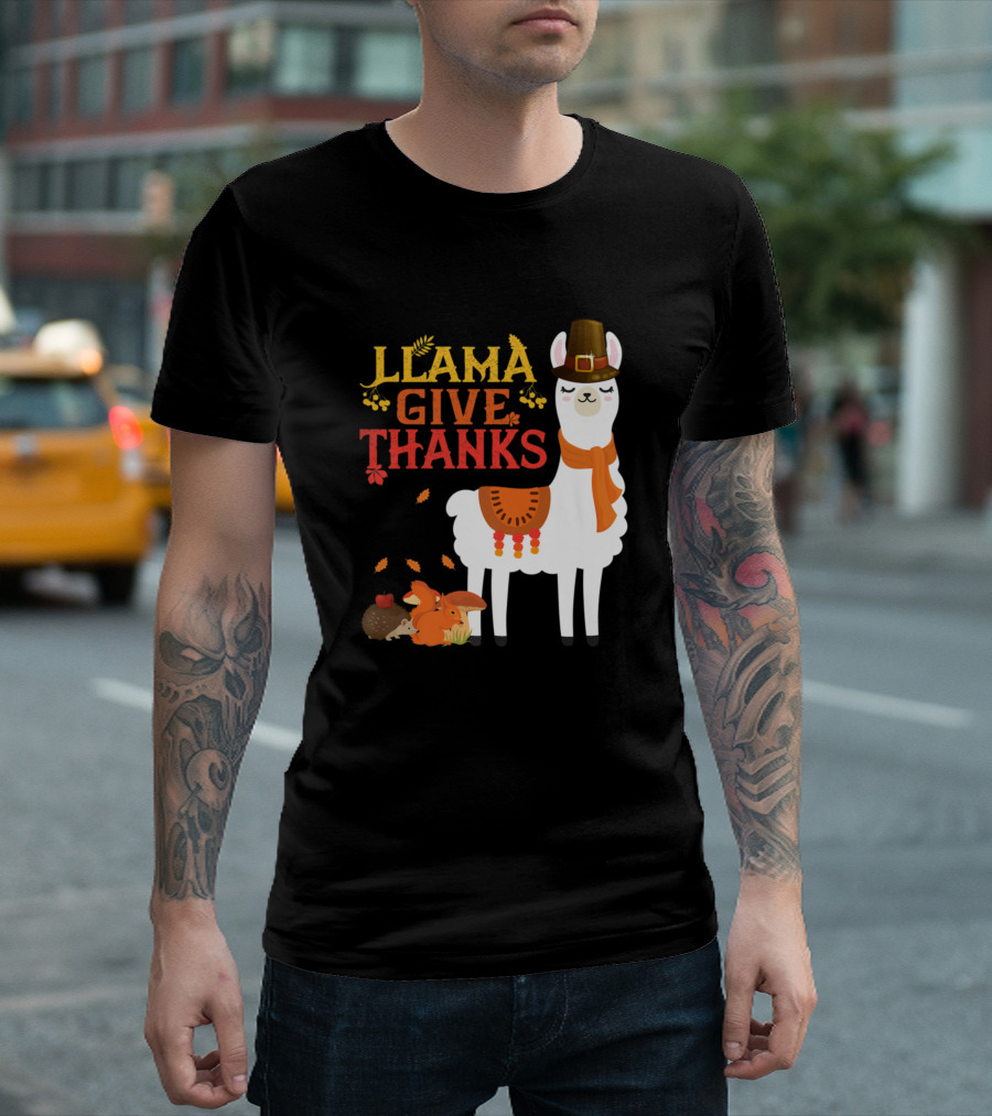 Llama Give Thanks Funny Llama Pilgrim Autumn Animals T-Shirt