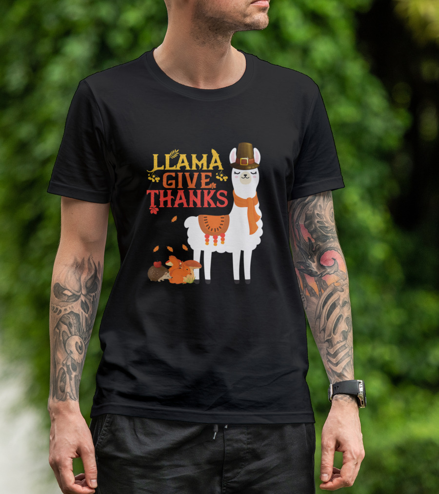 Llama Give Thanks Funny Llama Pilgrim Autumn Animals T-Shirt