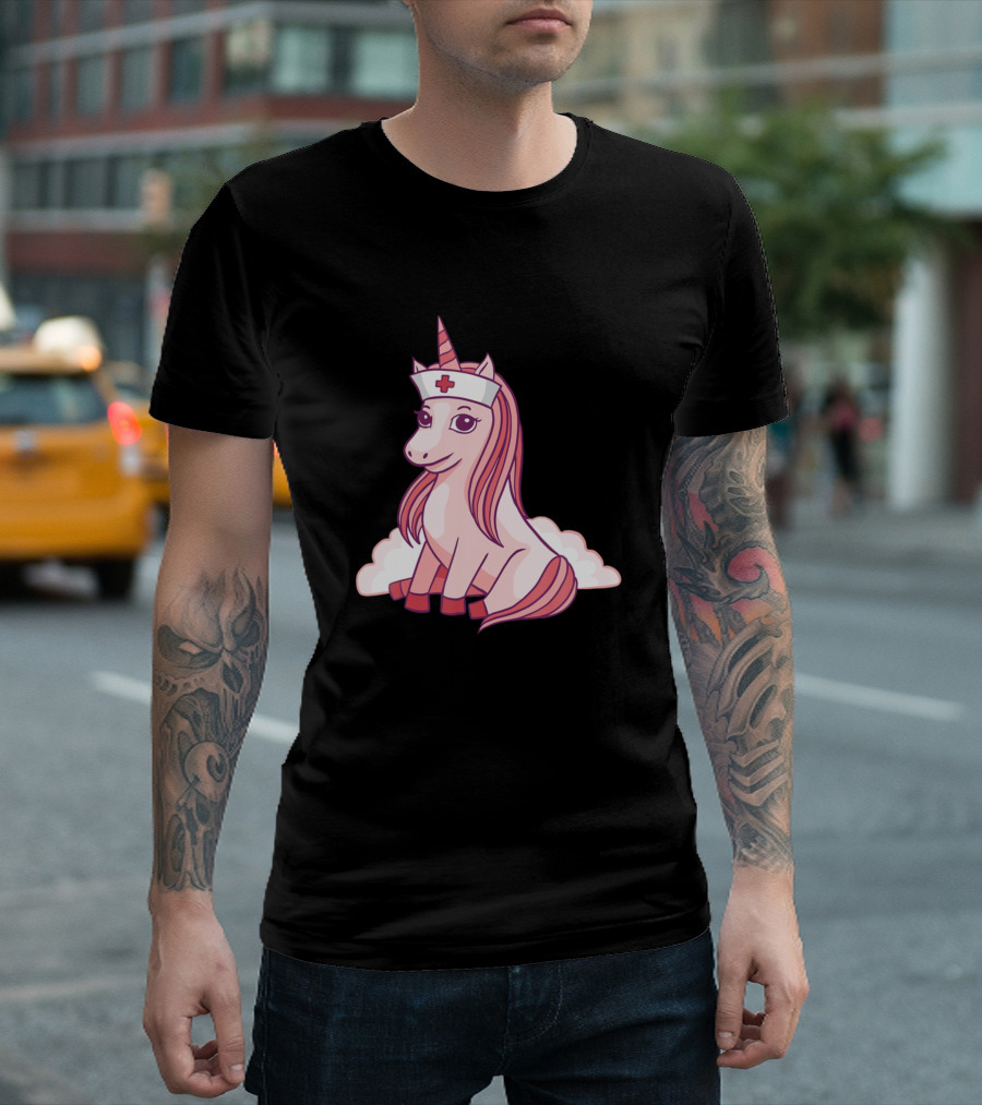 Nurse Unicorn with Medical Cross Hat on Cloud T-Shirt