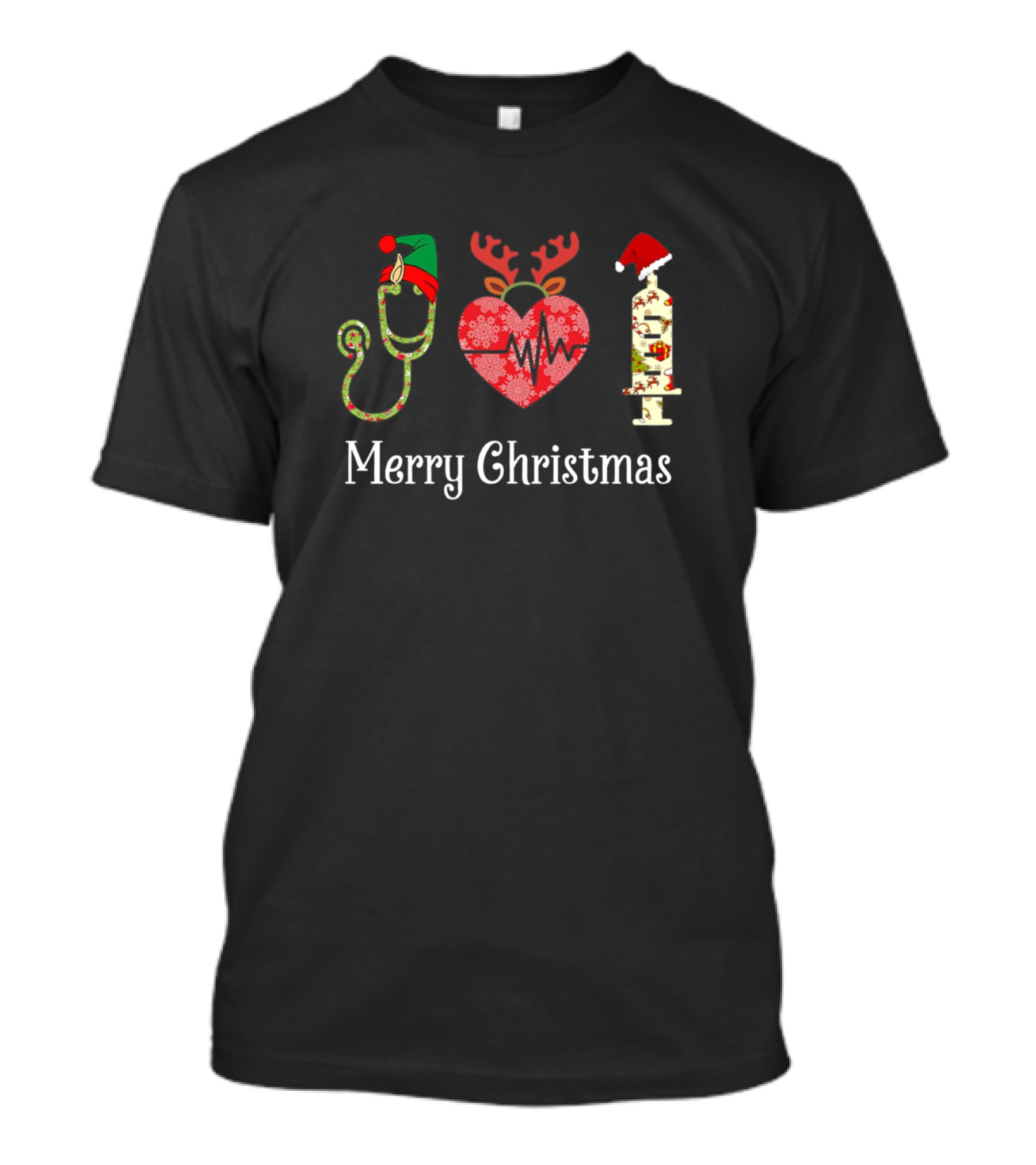 Merry Christmas Nurse Stethoscope Reindeer Heart Syringe Santa Hat T-Shirt
