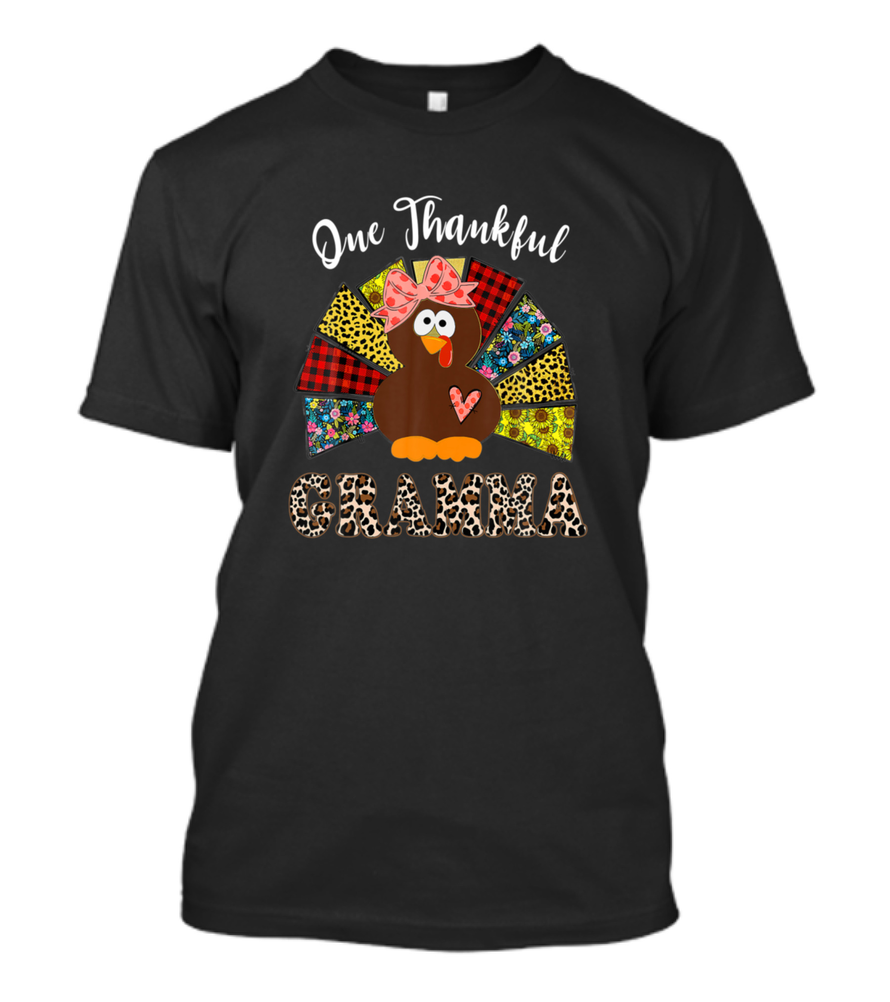 One Thankful Gramma Turkey With Floral And Leopard T-Shirt
