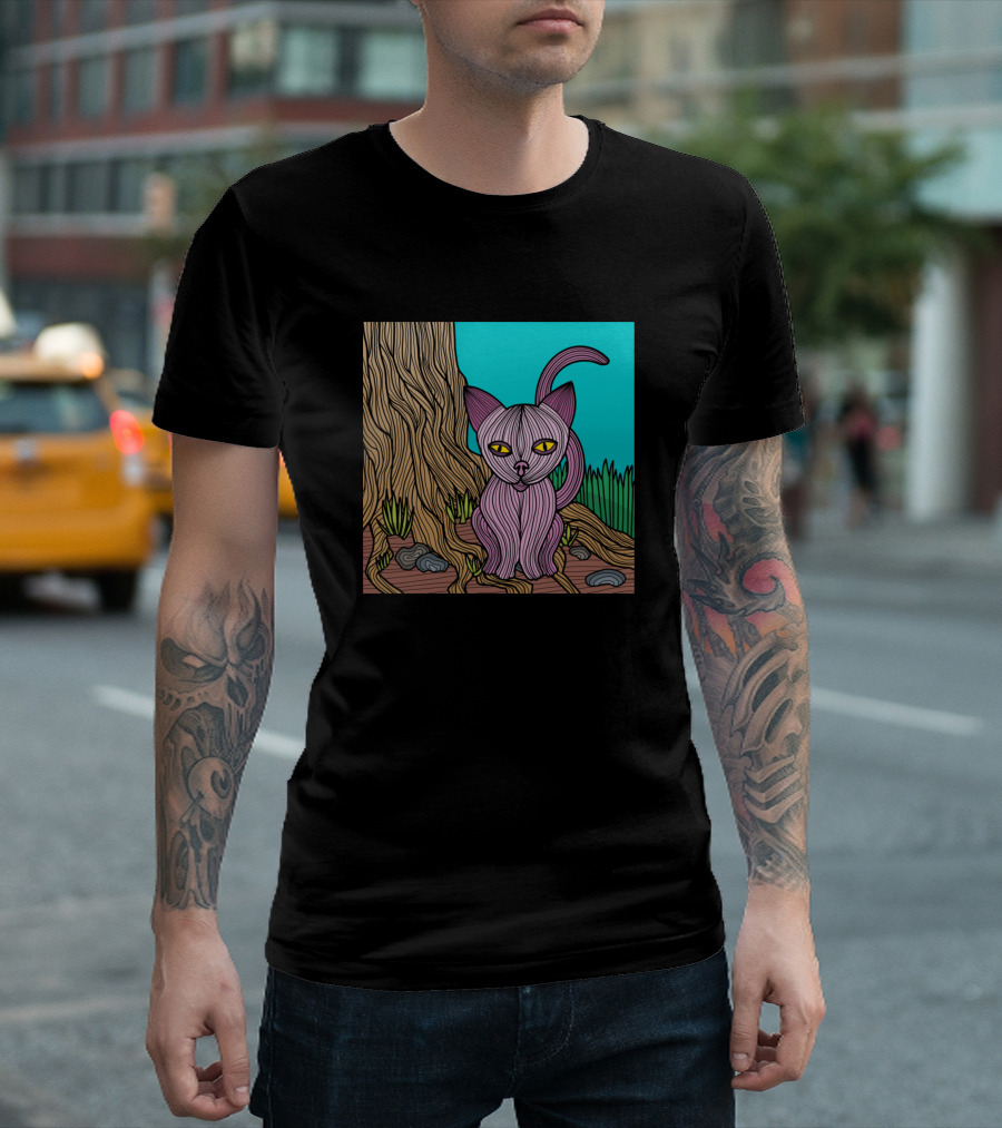 Pretty Kitty by the Tree with Pink Fur and Yellow Eyes T-Shirt