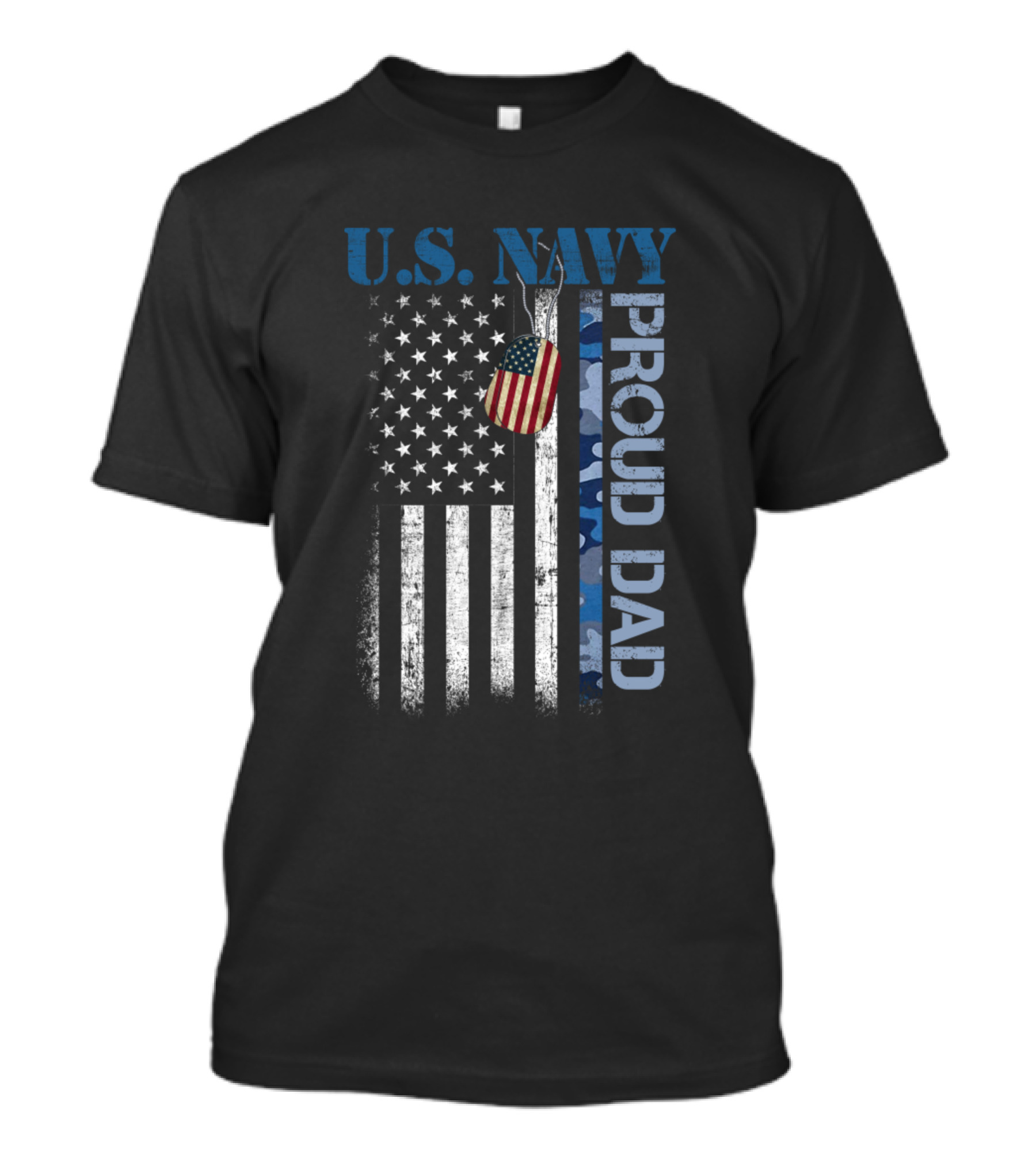 U.S. Navy Proud Dad American Flag Camo Dog Tag T-Shirt