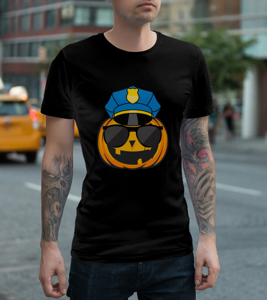 Pumpkin Police Officer With Sunglasses Funny Scary T-Shirt