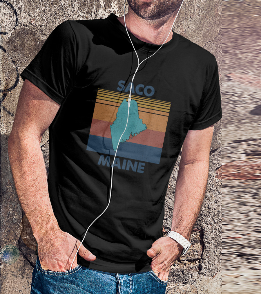 Saco Maine Retro State Silhouette Stripes T-Shirt