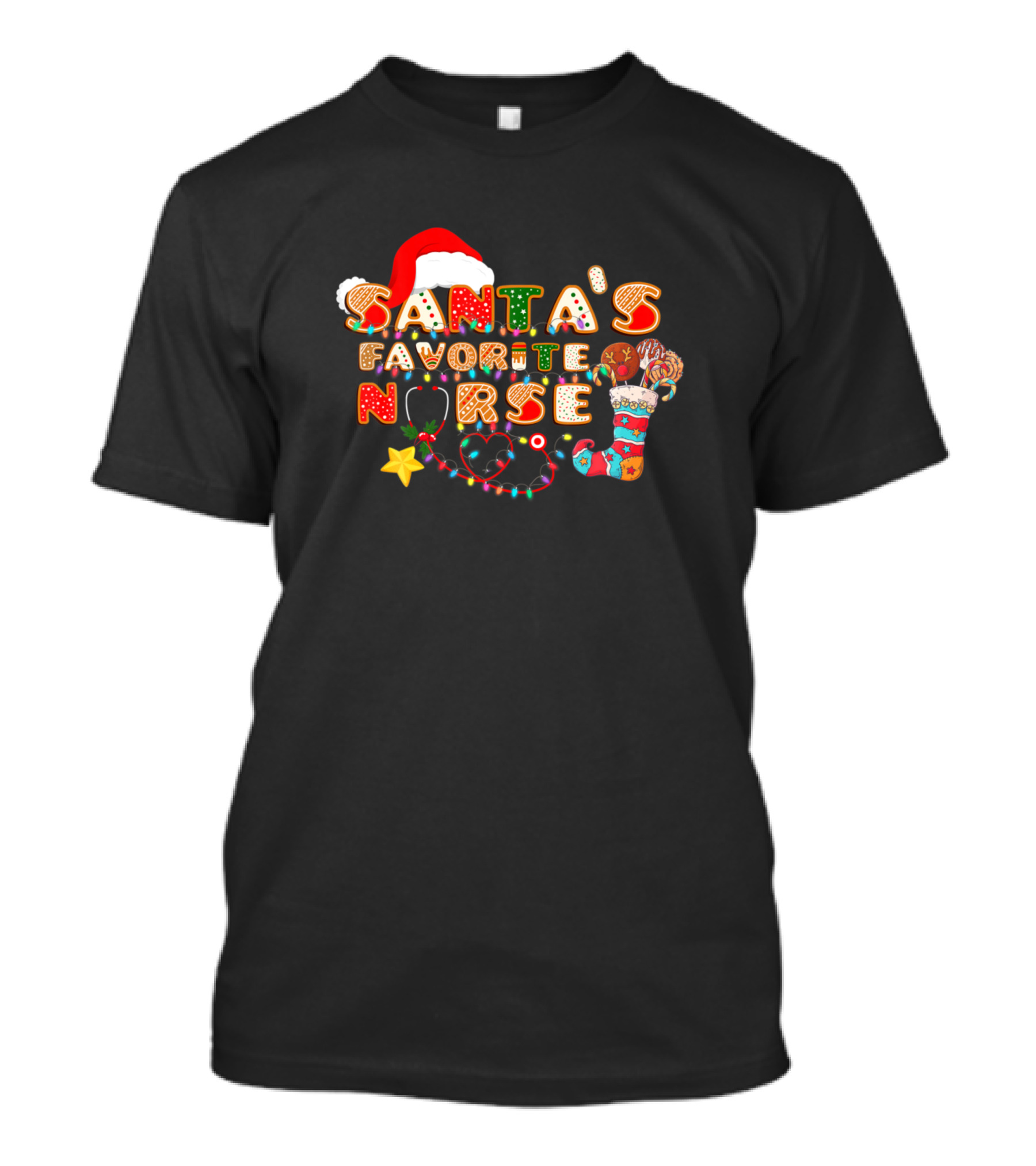 Santa's Favorite Nurse Funny Christmas Holiday Theme With Santa Hat And Ornaments T-Shirt