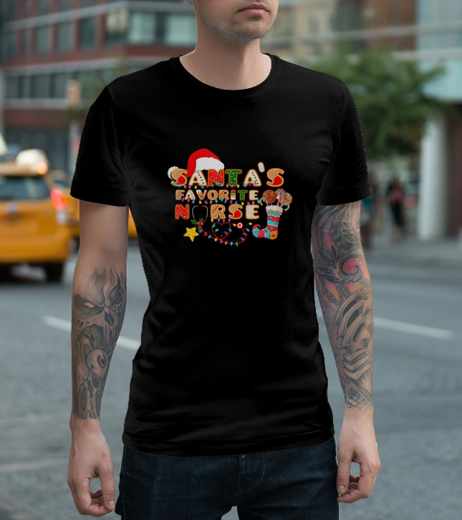 Santa's Favorite Nurse Funny Christmas Holiday Theme with Santa Hat and Ornaments T-Shirt
