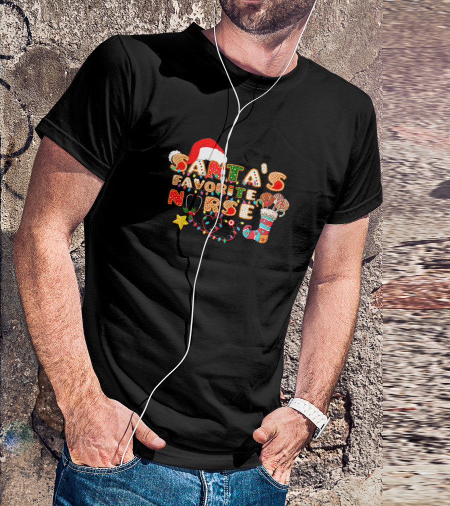 Santa's Favorite Nurse Funny Christmas Holiday Theme With Santa Hat And Ornaments T-Shirt
