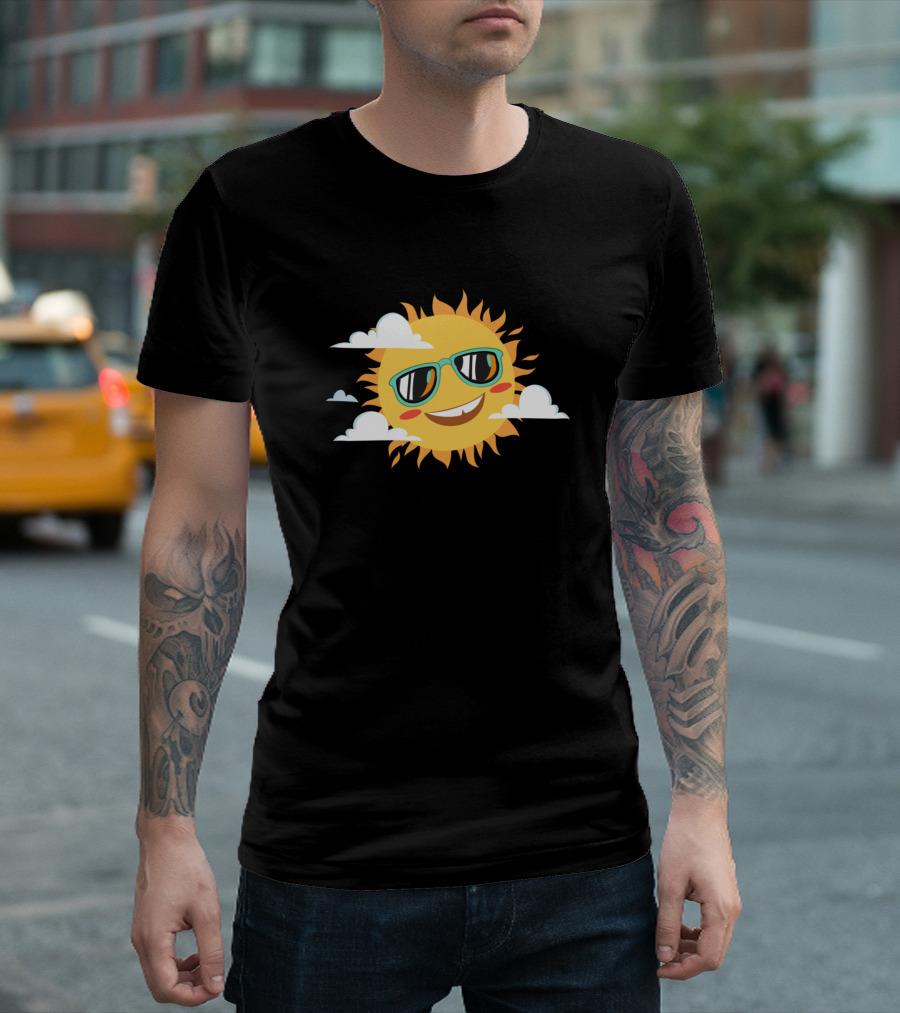 Smiling Sun Wearing Sunglasses Surrounded by Clouds T-Shirt